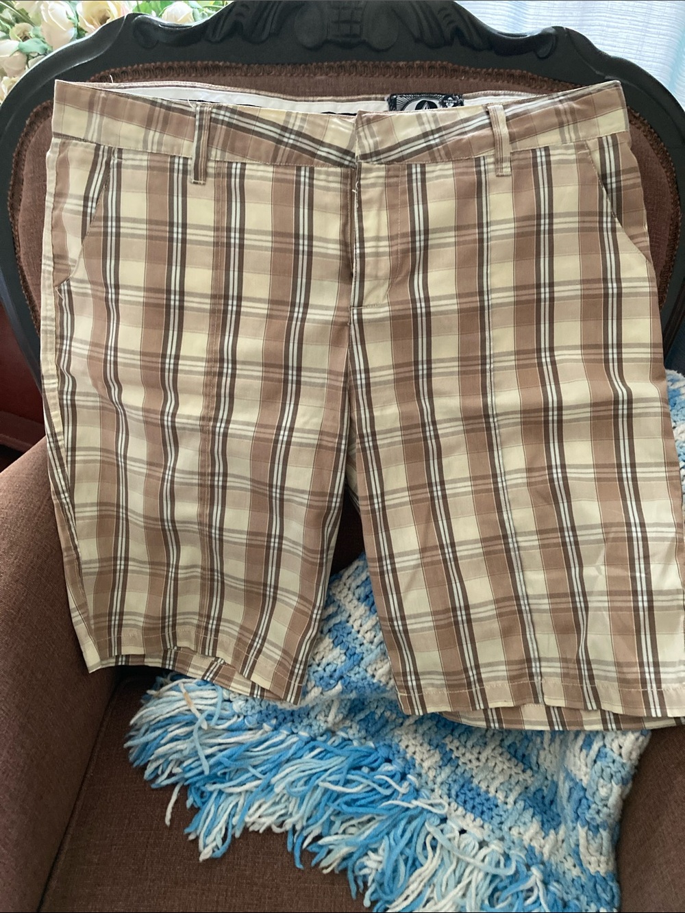 Volcom Beige and Brown Plaid Flat Front Shorts